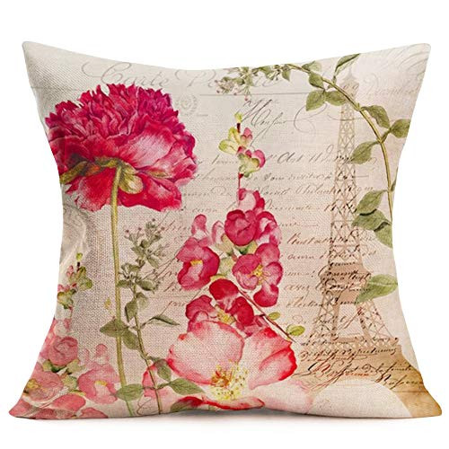 Royalours Throw Pillow Covers Chinese Rose Flower with France Eiffel Tower Decorative Pillow Cases Cushion Cases Cotton Linen Vintage Toss Throw Pillowcase 18 x 18 Inches Chinese Rose