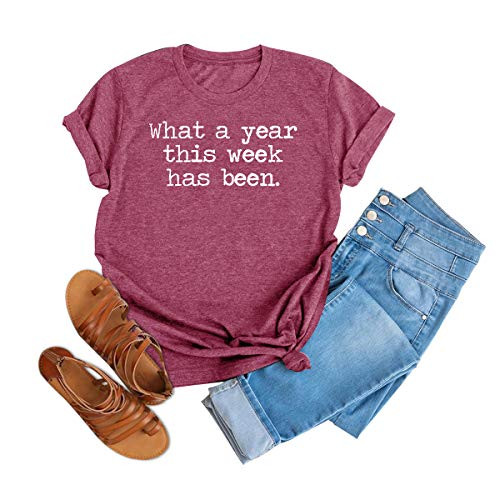 HDLTE Women What A Year Letters Print T Shirt Cute Crew Neck Summer Causal Cotton Tee Blouse Rose red S