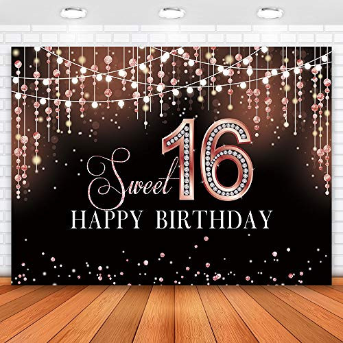 Allenjoy 7x5ft Sweet 16 Birthday Party Backdrop Rose Gold Shiny Glitter Dots Princess Sweet Sixteen Birthday Backdrop for Girls 16th Birthday Party Decoration