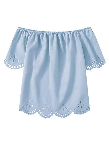 Romwe Womens Short Sleeve Off Shoulder Hollow Out Solid Crop Blouse Top Blue M