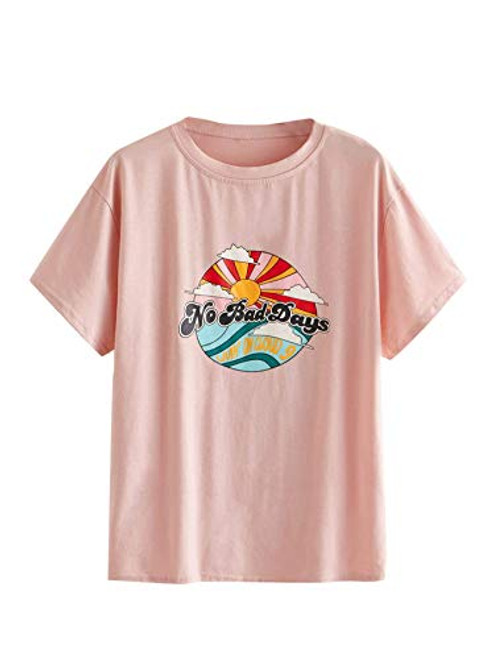 Romwe Womens Casual Summer Short Sleeve Graphic and Letter Print Tee Tops TShirt Pink Large