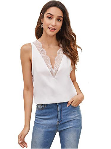 Romwe Womens V Neck Lace Trim Cami Tank Top White XSmall