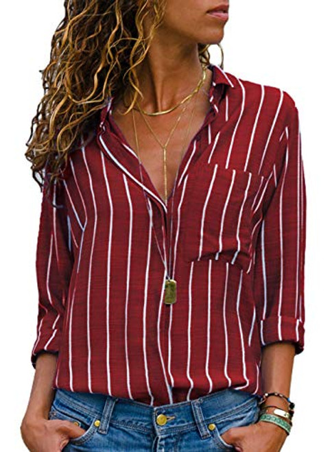 HUUSA Womens Blouses and Tops with Buttons Fashion 2018 for Work Striped Casual Chiffon V Neck Long Sleeve Fall Ladies Tops Small Red