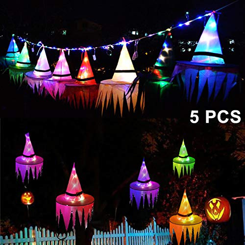 Halloween Decorations Lights Witch Hats 5 Pack Halloween LED Hanging Lighted Glowing Witch Tassel Hat with Lighting Battery Operated for Indoor Outdoor Tree Yard Holiday Halloween Decoration