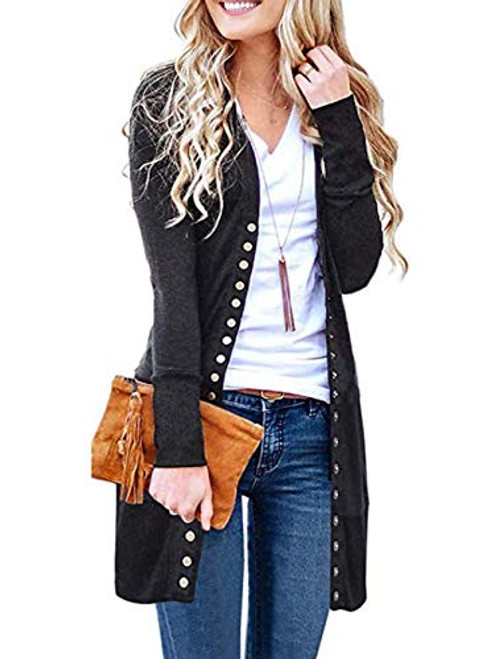 Famulily Womens Snap Cardigan VNeck Button Down Long Sleeve Knit Long Cardigan Sweater Charcoal L