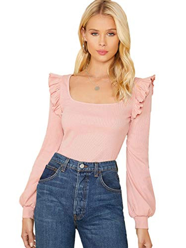 SheIn Womens Long Sleeve Scoop Neck Ruffle Trim Top Blouse Lantern Sleeve Solid Tee Pink Large