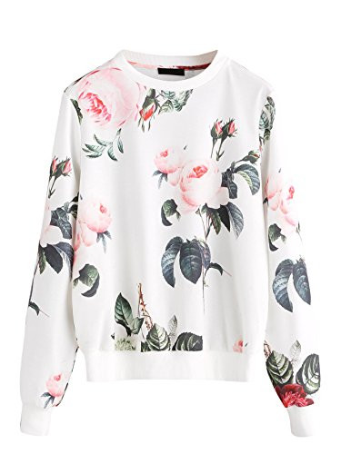 Romwe Womens Casual Floral Print Long Sleeve Pullover Tops White XL