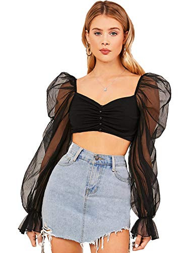 Romwe Womens Elegant Mesh Puff Sleeve Ruffle Cuff Ruched Crop Blouse Top Black Medium