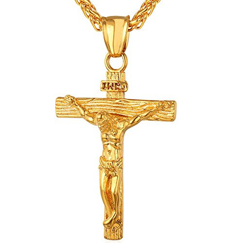 U7 Men 18K Gold Plated Crucifix Cross Pendant 3mm Wide Rope Chain 24 Inch Religious Necklace
