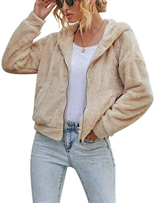 Blooming Jelly Womens Sherpa Jacket Teddy Bear Fuzzy Fleece Zip Up Hooded Coat Winter Warm Sweatshirt Hoodies?LBeige?