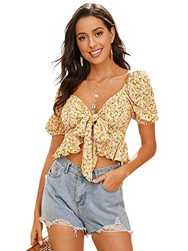 SheIn Womens Floral Ruffle Hem Blouse Short Puff Sleeve Deep V Neck Tie Front Crop Top Shirt Yellow Small