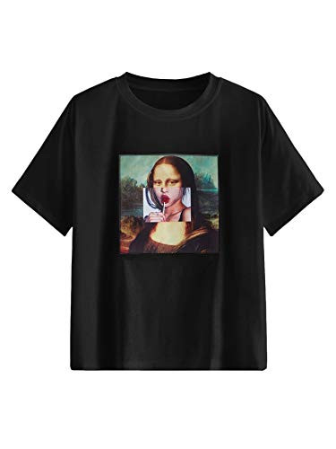 Romwe Womens Casual Summer Short Sleeve Figure Print Crew Neck Basic Tee Tops Shirt Black XLarge