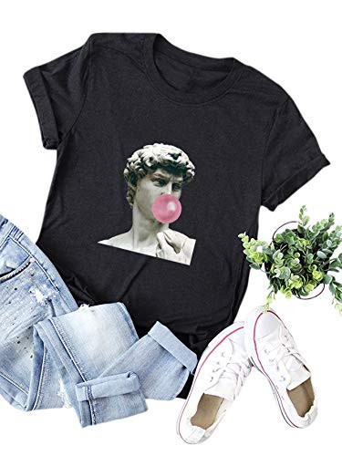 Romwe Womens Casual Summer Short Sleeve Figure Print Crew Neck Basic Tee Tops Shirt Black#1 Small