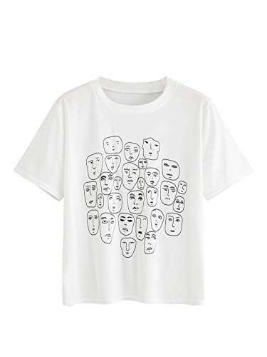 Romwe Womens Graphic Printed Cartoon Portrait Short Sleeve Casual TShirt Top NewWhite Small