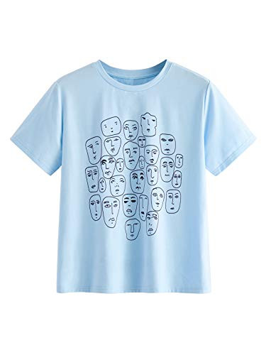 Romwe Womens Graphic Printed Cartoon Portrait Short Sleeve Casual TShirt Top Blue Medium