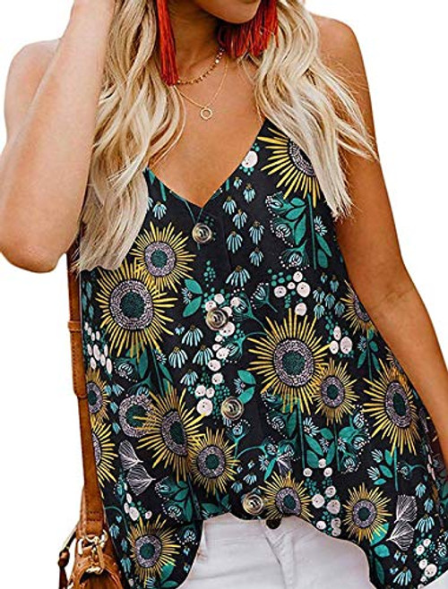 GOLDSTITCH Womens Button Down V Neck Strappy Tank Tops Loose Casual Sleeveless Shirts Blouses