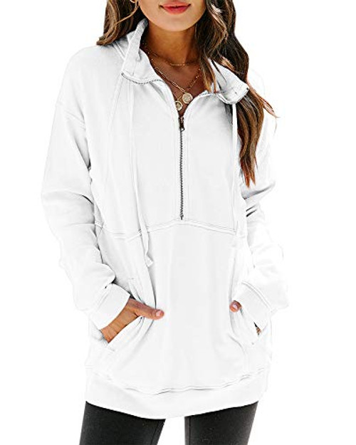 Womens Half Zip Up Sweatshirts Pocket Long Sleeve Casual Loose Pullovers Drawstring Hoodie White Womens Half Zip Up Sweatshirts Pocket Long Sleeve Casual Loose Pullovers Drawstring Hoodie White