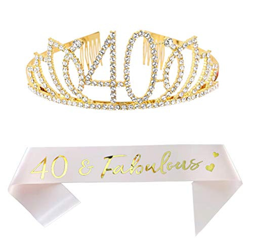 40th Birthday Tiara and Sash Happy 40th Birthday Party Supplies 40 Fabulous Pink Glitter Satin Sash and Crystal Tiara Princess Birthday Crown for Women 40th Birthday Party Decorations