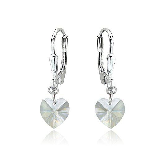 Sterling Silver Clear Dainty Heart Dangle Leverback Earrings Made with Swarovski Crystals Sterling Silver Clear Dainty Heart Dangle Leverback Earrings Made with Swarovski Crystals