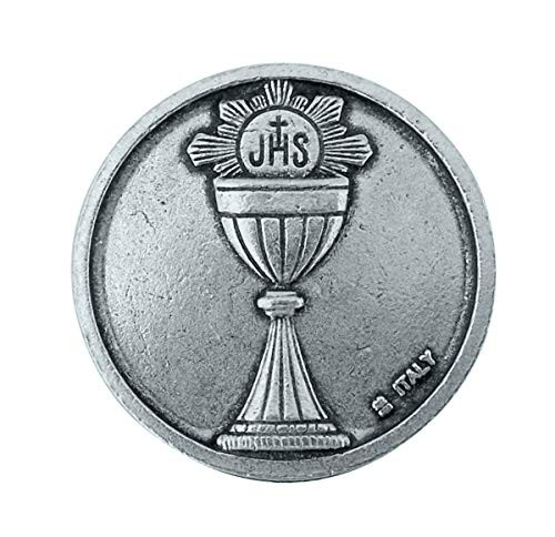 WJH Silver Tone First Holy Communion Chalice Pocket Prayer Token Medal 1 18 Inch