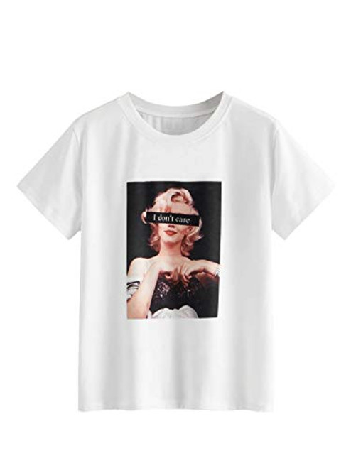 Romwe Womens Casual Figure Graphic Print Short Sleeve Basic Summer Tee Tops TShirt White Medium