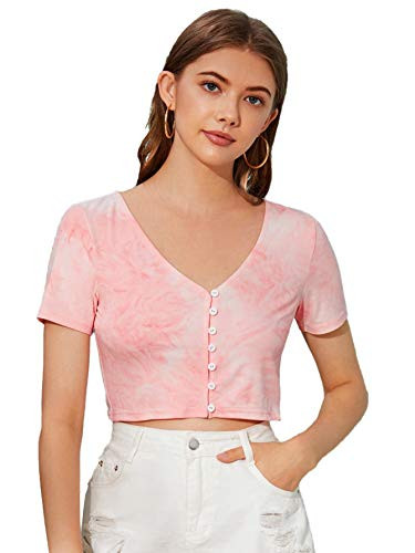 Romwe Womens Casual Tie Dye Button Down V Neck Short Sleeve Crop Tops Tee Tshirts Pink Medium
