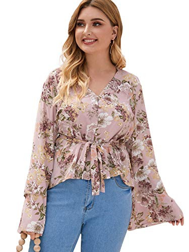 Romwe Womens Plus Size Floral Print Bell Long Sleeve Belted Button Front Peplum Blouse Top Pink#2 4X Plus