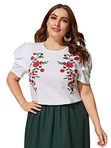 Romwe Womens Plus Size Floral Puff Short Sleeve Summer Casual Blouse Tops Shirts White 2X
