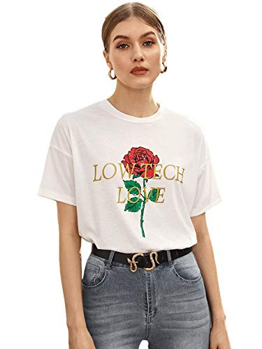 Romwe Womens Casual Floral  Letter Print Short Sleeve Basic Summer Tee Tops TShirt White Small