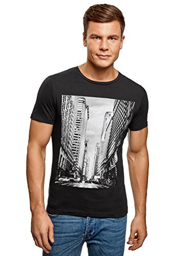 oodji Ultra Mens Printed Cotton TShirt Black US 40  EU 50  M