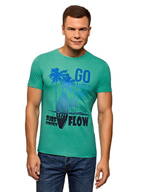 oodji Ultra Mens Beach Print Cotton TShirt Green US 4244  EU 5254  L