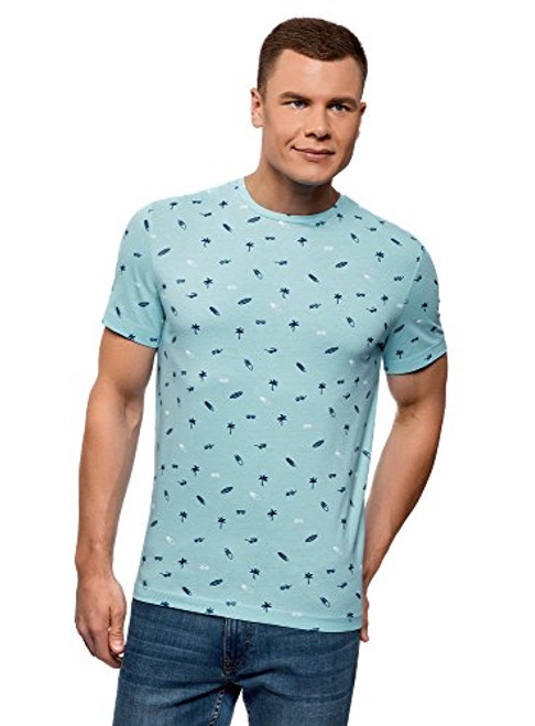 oodji Ultra Mens Printed Cotton TShirt Turquoise US 4244  EU 5254  L