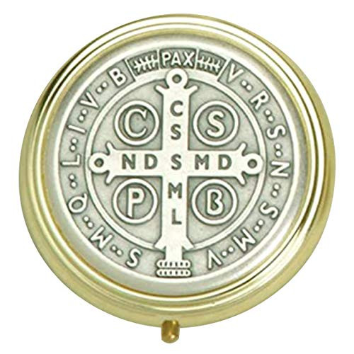 Gold and Silver Tone Pyx with Saint Benedict of Nursia Medal 2 14 Inch