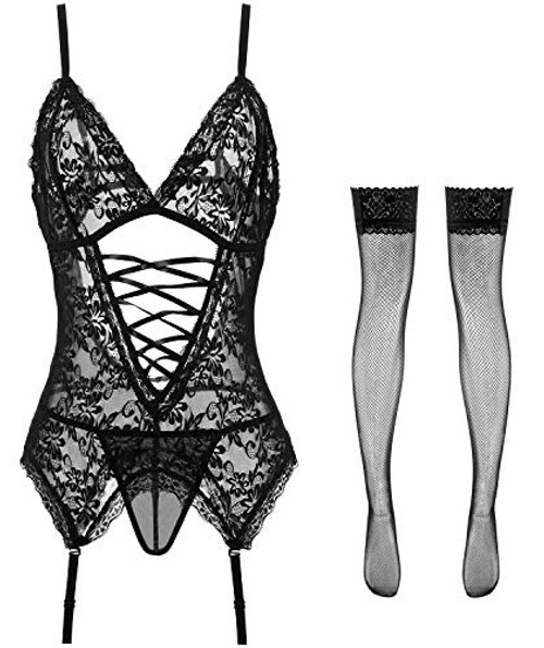 Women Lace Bodysuit One Piece Babydoll Mini Teddy V Neck Lingerie Black Size S Women Lace Bodysuit One Piece Babydoll Mini Teddy V Neck Lingerie Black Size S