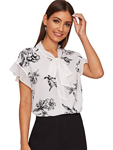 Romwe Womens Short Sleeve Floral Print Tie Neck Elegant Summer Blouse Top White S