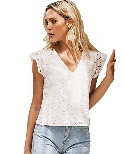 Romwe Womens Boho Eyelet Embroidery Ruffle Cap Sleeve V Neck Tops Blouse Shirts White Medium