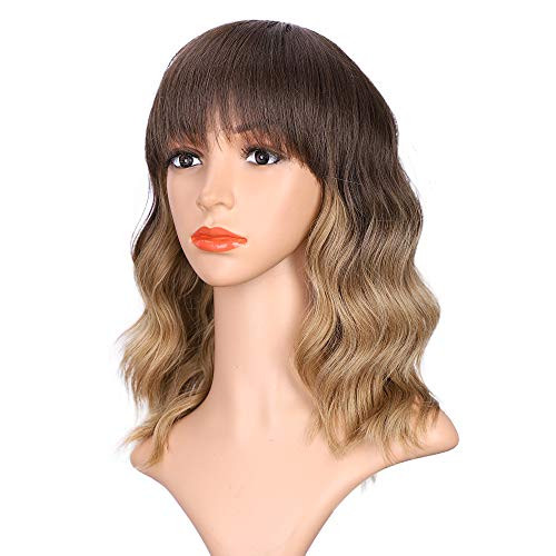 ENTRANCED STYLES Dark Blonde Ombre Wigs with Bangs Wavy Bob Wigs for Women Middle Part Heat Resistant Synthetic Wig Shoulder Length Blonde with Brown Roots Wig Daily Party Cosplay Wig