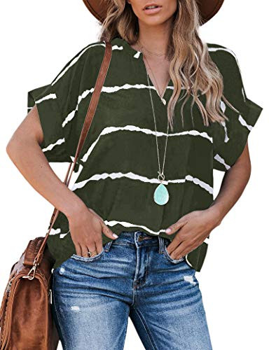 Womens V Neck Striped T Shirts Short Sleeve Casual Loose Summer Tee Tops Army Green