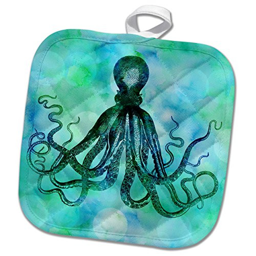 3dRose phl_268134_1 1 Pot Holder Mixed Media Art Octopus Illustration in Blue, 8 by 8"