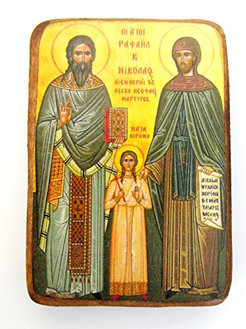 Wooden Greek Christian Orthodox Wood Icon of Saint Raphael Nicholas and Irene A0 Wooden Greek Christian Orthodox Wood Icon of Saint Raphael Nicholas and Irene A0