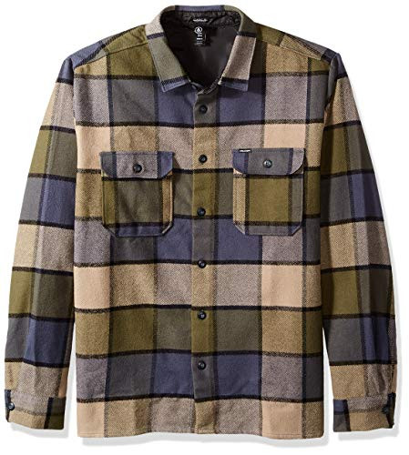Volcom Mens Randower Modern Fit Woven Long Sleeve Button Up Shirt Military Small