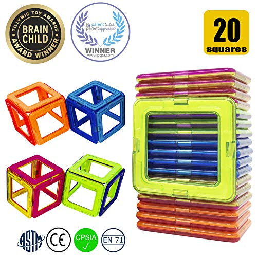 HAPPY GENIUS Magnetic Blocks Beyond Magnetic Tiles - 20 PCS Square Set Fully Compatible with Most Magnetic Building Blocks for Kids Preschoolers Teens Ideal Essential Pack