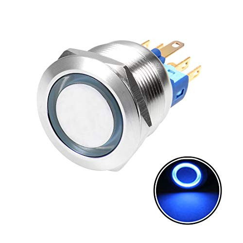 uxcell Momentary Metal Push Button Switch 22mm Mounting Dia 5A 1NO 1NC 24V Blue LED Light Flat Head