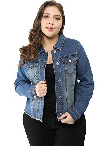 Agnes Orinda Womens Plus Size Classic Washed Front Frayed Denim Jacket Blue 3X