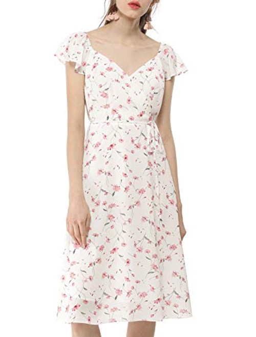 Allegra K Womens Tie Waist Ivory Ruffle Cap Sleeve V Neck Floral Chiffon Dress S White