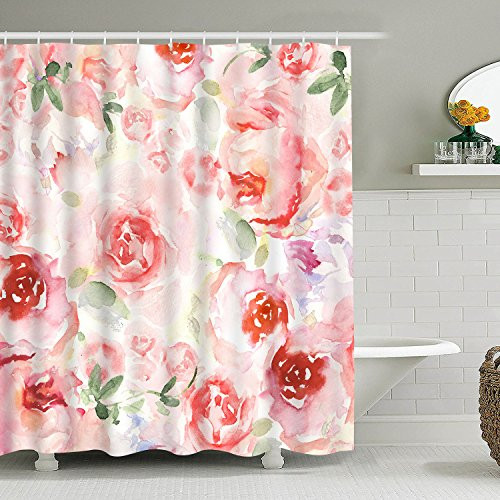 Bathroom Shower Curtain Romantic Watercolor Flowers Shower Curtains, Durable Fabric Bathroom Curtain Mildew Resistant Waterproof Bath Curtain Set with 12 Hooks