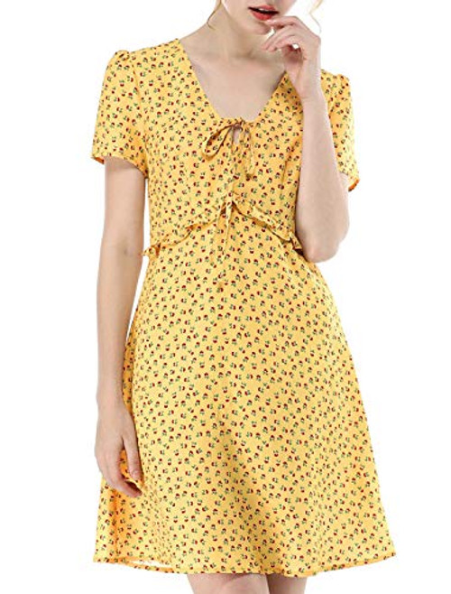 Allegra K Womens Summer Floral Print Tie V Neck Short Sleeves Ruffle Waist Short Dress M Yellow