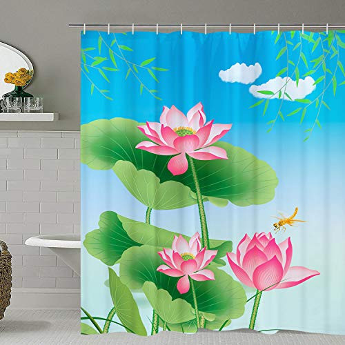 BLEUM CADE Lotus Shower Curtain Blue Sky White Clouds Bathroom Shower Curtain Durable Mildew Resistant Waterproof with 12 Hooks