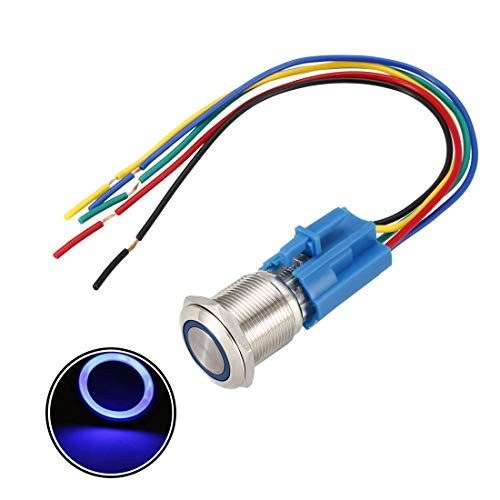 uxcell Latching Metal Push Button Switch 19mm Mounting Dia 1NO 1NC COM 12V Blue LED Light with Socket Plug Wires