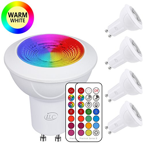 iLC GU10 LED Light Bulb Color Changing 12 Colors 3W Dimmable Warm White 2700K RGB LED Light Bulbs with Remote Control, 20 Watt Equivalent (Pack of 4)